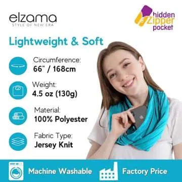 elzama Infinity Loop Solid Color Scarf With Hidden Zipper Pocket For Women, Travel Neck Wrap