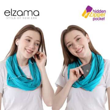 elzama Infinity Loop Solid Color Scarf With Hidden Zipper Pocket For Women, Travel Neck Wrap