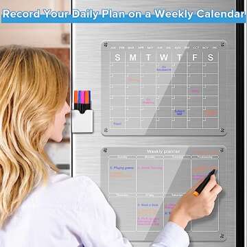 Magnetic Acrylic Calendar for Fridge, 2PCS Transparent Dry Erase Board Monthly & Weekly Calendar for...