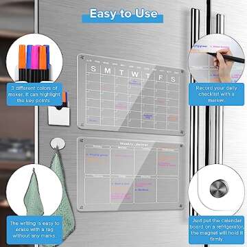 Magnetic Acrylic Calendar for Fridge, 2PCS Transparent Dry Erase Board Monthly & Weekly Calendar for Refrigerator Reusable Plan Board, Including 6 Dry Erase Markers 3 Colors/Pen Holder/Towel/Hook