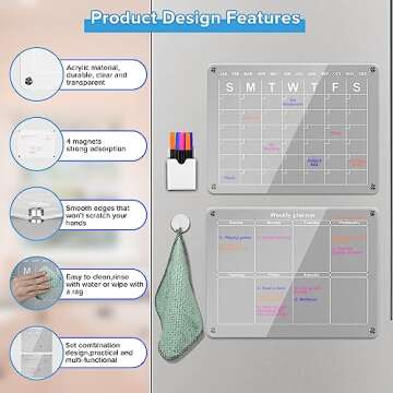 Magnetic Acrylic Calendar for Fridge, 2PCS Transparent Dry Erase Board Monthly & Weekly Calendar for Refrigerator Reusable Plan Board, Including 6 Dry Erase Markers 3 Colors/Pen Holder/Towel/Hook