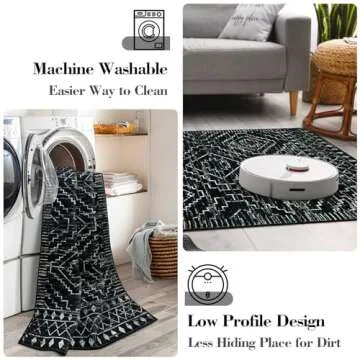 Wonnitar Moroccan Washable Rug 4x6, Black Boho Living Room Area Rug, Non-Slip Farmhouse Bedroom Carpet Dorm Room Throw Rug, Low Pile Soft Accent Mat for Kitchen Entry Office (Black,4'x6')