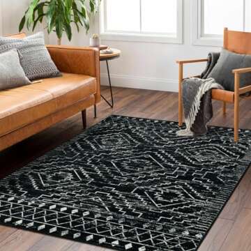 Wonnitar Moroccan Washable Rug 4x6, Black Boho Living Room Area Rug, Non-Slip Farmhouse Bedroom Carpet Dorm Room Throw Rug, Low Pile Soft Accent Mat for Kitchen Entry Office (Black,4'x6')