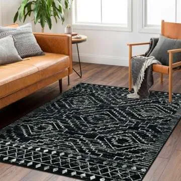 Wonnitar Moroccan Washable Rug 4x6, Black Boho Living Room Area Rug, Non-Slip Farmhouse Bedroom Carpet Dorm Room Throw Rug, Low Pile Soft Accent Mat for Kitchen Entry Office (Black,4'x6')