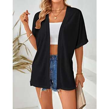 MEROKEETY Womens 2025 Summer Lightweight Cardigan Short Sleeve Open Front Casual Loose Cover Ups,Black,XL