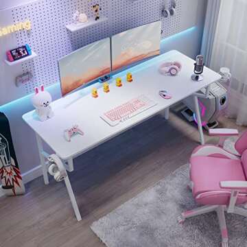 It's_Organized White Gaming Desk 63 inch, Long Gaming PC Desk Table for Home Office Study Writing De...