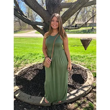 GRECERELLE Women's Sleeveless Long Maxi Dresses Plus Size with Side Pocket, Army Green, Medium