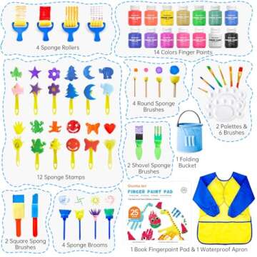 Washable Finger Paint Set, Shuttle Art 46 Pack Kids Paint Set with 14 Colors(60ml) Finger Paints, Br...