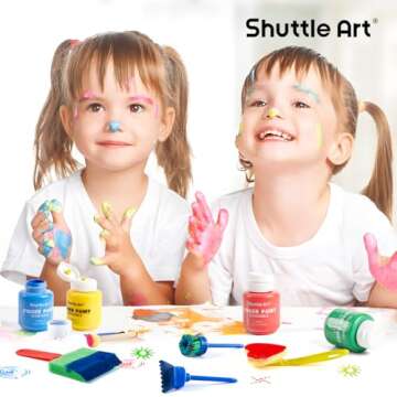 Washable Finger Paint Set, Shuttle Art 46 Pack Kids Paint Set with 14 Colors(60ml) Finger Paints, Brushes, Finger Paint Pad, Sponge, Palette, Smock, NonToxic for Toddlers Home Activity Early Education