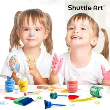 Washable Finger Paint Set, Shuttle Art 46 Pack Kids Paint Set with 14 Colors(60ml) Finger Paints, Brushes, Finger Paint Pad, Sponge, Palette, Smock, NonToxic for Toddlers Home Activity Early Education