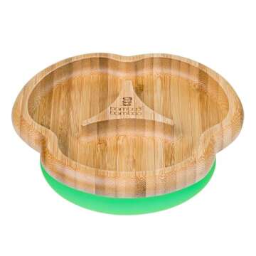 Bamboo Baby Divider Plate with Suction - Kids and Toddler Suction Cup Plate for Babies, Non-toxic All-Natural Bamboo Baby Food Plate Stays Cool to the Touch for Baby-Led Weaning (Green)