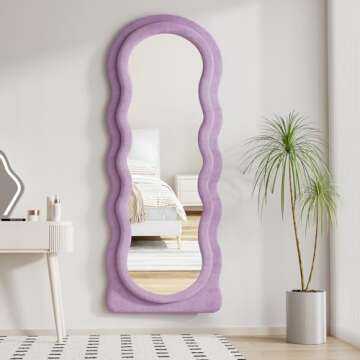 Dewfig Wavy Full Length Mirror with Stand, 63" x 24" Irregular Floor Mirror, Large Floor Length Mirror, Freestanding/Leaning/Wall Mounted, Flannel Wrapped Wooden Frame for Bedroom/Living Room, Purple