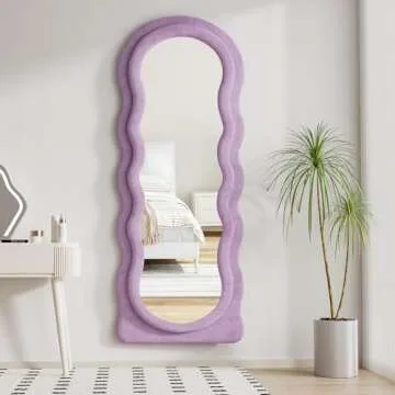 Dewfig Wavy Full Length Mirror with Stand, 63" x 24" Irregular Floor Mirror, Large Floor Length Mirror, Freestanding/Leaning/Wall Mounted, Flannel Wrapped Wooden Frame for Bedroom/Living Room, Purple