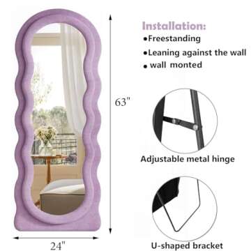 Dewfig Wavy Full Length Mirror with Stand, 63" x 24" Irregular Floor Mirror, Large Floor Length Mirror, Freestanding/Leaning/Wall Mounted, Flannel Wrapped Wooden Frame for Bedroom/Living Room, Purple