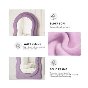 Dewfig Wavy Full Length Mirror with Stand, 63" x 24" Irregular Floor Mirror, Large Floor Length Mirror, Freestanding/Leaning/Wall Mounted, Flannel Wrapped Wooden Frame for Bedroom/Living Room, Purple