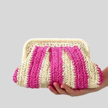 Straw Clutch Purse Shoulder Crossbody Bag for Women, Cloud Pouch Summer Beach Tote Handbag for Holid...