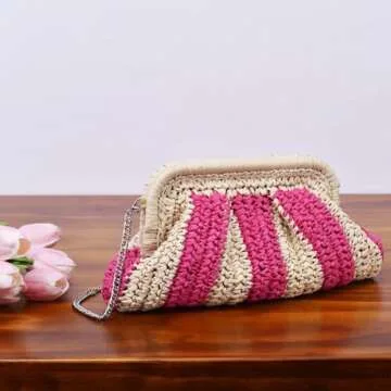 Straw Clutch Purse Shoulder Crossbody Bag for Women, Cloud Pouch Summer Beach Tote Handbag for Holiday, Travel, Wedding Parties, Rose-Khaki
