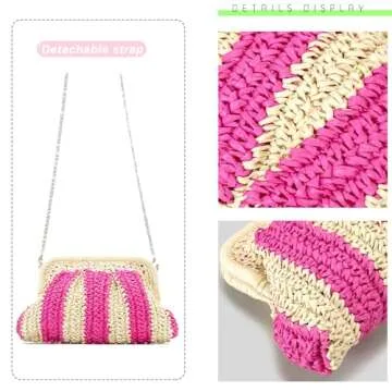 Straw Clutch Purse Shoulder Crossbody Bag for Women, Cloud Pouch Summer Beach Tote Handbag for Holiday, Travel, Wedding Parties, Rose-Khaki