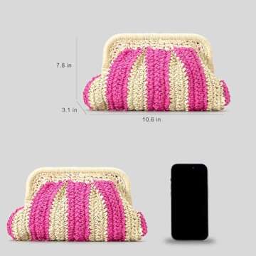 Straw Clutch Purse Shoulder Crossbody Bag for Women, Cloud Pouch Summer Beach Tote Handbag for Holiday, Travel, Wedding Parties, Rose-Khaki