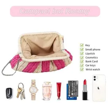 Straw Clutch Purse Shoulder Crossbody Bag for Women, Cloud Pouch Summer Beach Tote Handbag for Holiday, Travel, Wedding Parties, Rose-Khaki