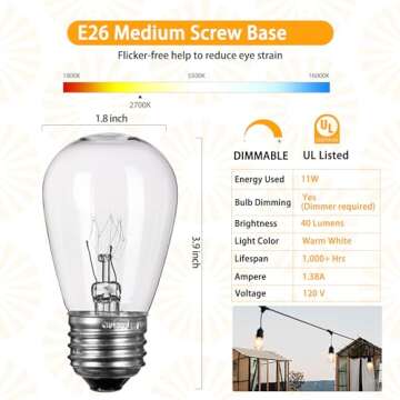 S14 Incandescent Edison Light Bulbs - 11W Vintage Clear Glass Bulbs with E26 Medium Screw‐Base, Wa...