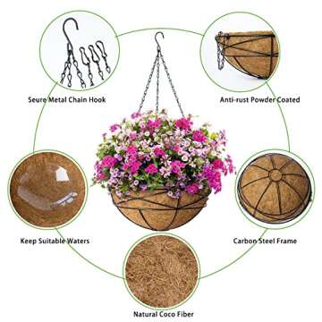 Karlliu 4 Pack 14 Inch Hanging Flower Baskets for Outdoor Plants Large Metal Wire Planters with Coco Liner Pot for Home Planting Black Watering Plant Holders for Outside Garden