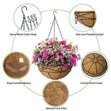 Karlliu 4 Pack 14 Inch Hanging Flower Baskets for Outdoor Plants Large Metal Wire Planters with Coco Liner Pot for Home Planting Black Watering Plant Holders for Outside Garden