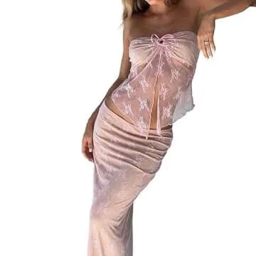 Argeousgor Women's Sexy Two Piece Long Skirt Set Halter Crop Tube Top and Split Maxi Skirt Summer Outfits Y2k Clubwear(A1- Pink,S)