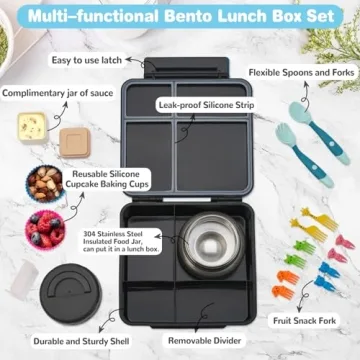 Bento Lunch Box with 9.5 oz Soup Thermo, Kids Leakproof 4 Compartments Bento Box with Silicone Cupca...