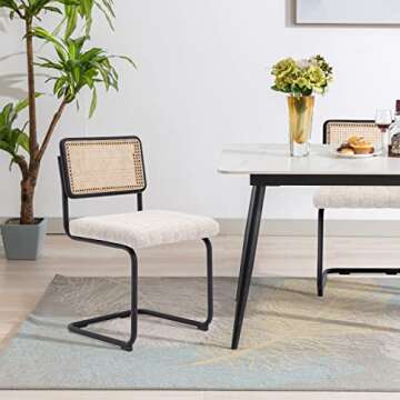 ONEVOG Rattan Dining Chairs Set of 2, Cane Backrest Side Chairs, Boucle Fabric, Sturdy Metal Legs, U...