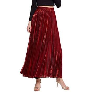 CHARTOU Women's Premium Metallic Shiny Shimmer Accordion Pleated Long Maxi Skirt (Large, Red)