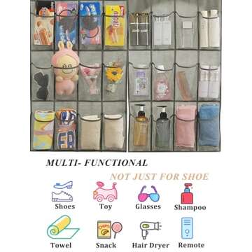 Over The Door Shoe Organizer - 28 Pocket Shoe Rack for Closet, Hanging Door Organizer, Over the Door Hanger, Behind Door Storage, Shoe Holder for Back of Door, Hidden Shoe Storage, Space Saving, Gray