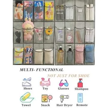 Over The Door Shoe Organizer - 28 Pocket Shoe Rack for Closet, Hanging Door Organizer, Over the Door Hanger, Behind Door Storage, Shoe Holder for Back of Door, Hidden Shoe Storage, Space Saving, Gray