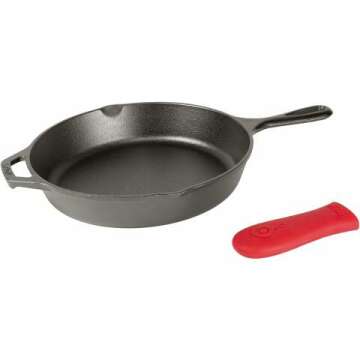 Lodge Cast Iron Skillet with Red Silicone Hot Handle Holder, 10.25-inch for Versatile Cooking
