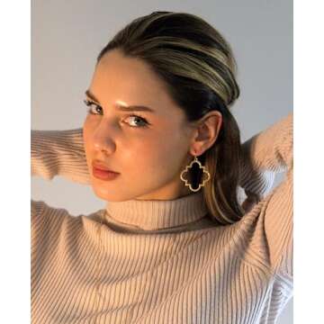 POMINA Quatrefoil Clover Gold Dangle Drop Earrings Gold Silver Two Tone Textured Trendy Fashion Earr...