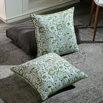 Stylish Cotton Pillow Covers 20x20 Green Block Print