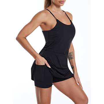 Women's Sleeveless Exercise Tennis Dress with Built-in Bra & Shorts Golf Workout Athletic Dresses Pockets Black