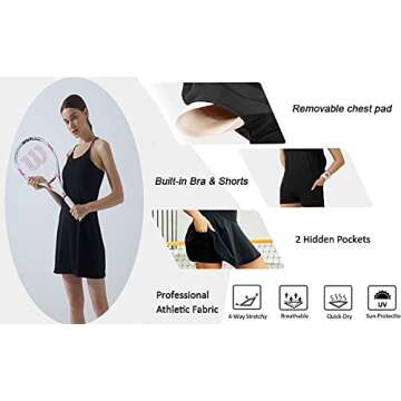 Women's Sleeveless Exercise Tennis Dress with Built-in Bra & Shorts Golf Workout Athletic Dresses Pockets Black