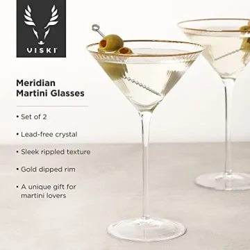 Viski Meridian Martini Glasses - Stemmed Fun Cocktail Glasses - Art Deco Ripple Gold Rimmed Crystal Glassware - 7.8oz Set of 2