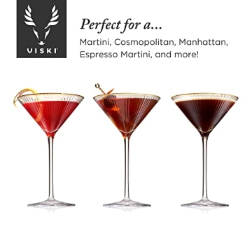 Viski Meridian Martini Glasses - Stemmed Fun Cocktail Glasses - Art Deco Ripple Gold Rimmed Crystal Glassware - 7.8oz Set of 2