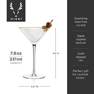Viski Meridian Martini Glasses - Stemmed Fun Cocktail Glasses - Art Deco Ripple Gold Rimmed Crystal Glassware - 7.8oz Set of 2