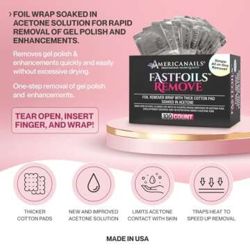 Americanails FastFoils 100 ct, One Step Gel Polish Foil Remover Wraps, All-In-One Foil Remover With Thick Cotton Pad & Pure Acetone, Remove Nail Polish, Gel Polish, Gel Nails, Acrylic Nails, Dip Nails