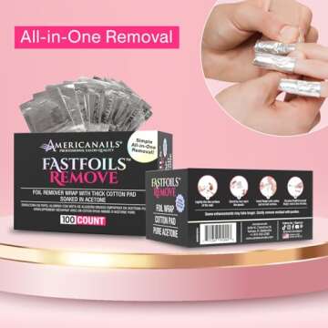 Americanails FastFoils 100 ct, One Step Gel Polish Foil Remover Wraps, All-In-One Foil Remover With Thick Cotton Pad & Pure Acetone, Remove Nail Polish, Gel Polish, Gel Nails, Acrylic Nails, Dip Nails