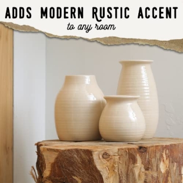 White Vases for Decor - Rustic Home Decor, Modern Farmhouse Decorations - Ceramic Vase for Fireplace Decor - Vases for Flowers, Rustic Decor for Living Room - Farmhouse Decor for The Home, Set of 3