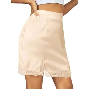 Vrtige Women's Satin Lace Trim High Waist Split Hem Bodycon Mini Short Skirt Beige Medium