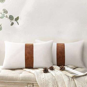 Cygnus Set of 2 White Linen Patchwork Faux Leather Throw Lumbar Pillow Covers for Couch Living Room ...