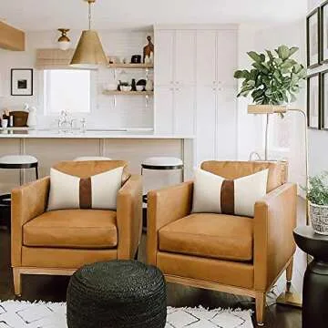 Cygnus Set of 2 White Linen Patchwork Faux Leather Throw Lumbar Pillow Covers for Couch Living Room Bedroom,Modern Accent Decor Lumbar Covers 12X20 inch, Brown and White