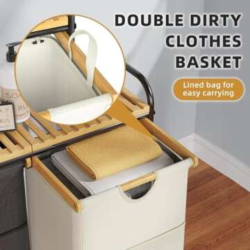 Rolling Laundry Hamper, Bamboo Laundry Basket with Wheels, Tall Laundry Sorter with 2 Pull-Out Removable Bags and Shelves, Double Laundry Hamper for Dirty Clothes, 2 x 40L, Black & White