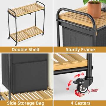 Rolling Laundry Hamper, Bamboo Laundry Basket with Wheels, Tall Laundry Sorter with 2 Pull-Out Removable Bags and Shelves, Double Laundry Hamper for Dirty Clothes, 2 x 40L, Black & White