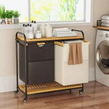 Rolling Laundry Hamper, Bamboo Laundry Basket with Wheels, Tall Laundry Sorter with 2 Pull-Out Removable Bags and Shelves, Double Laundry Hamper for Dirty Clothes, 2 x 40L, Black & White